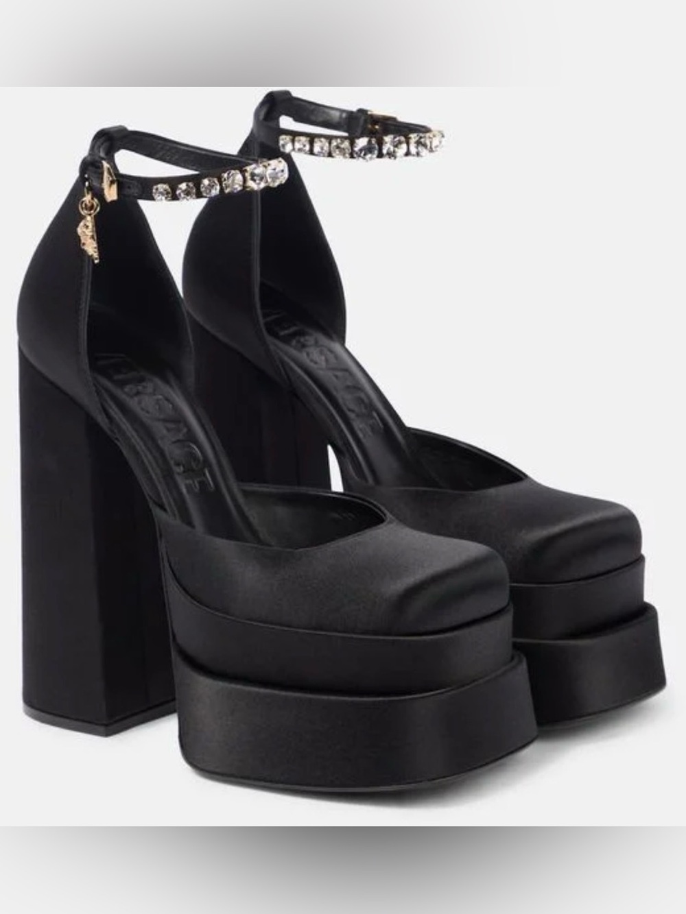 Versace Black Satin Platform Ankle-Strap Pumps with Crystal Anklet